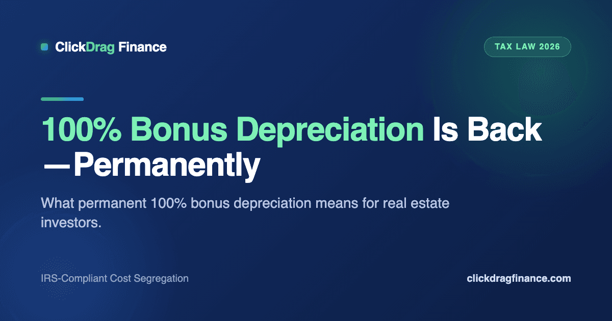 A modern commercial real estate building with rising depreciation deduction charts overlaid, representing 100% bonus depreciation in 2026