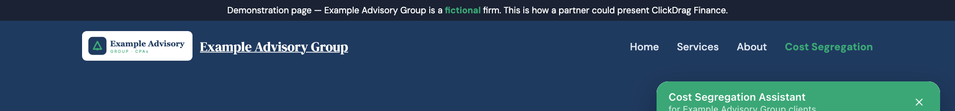 A partner's own navigation bar with a 'Cost Segregation' link pointing back to their co-branded ClickDrag Finance page