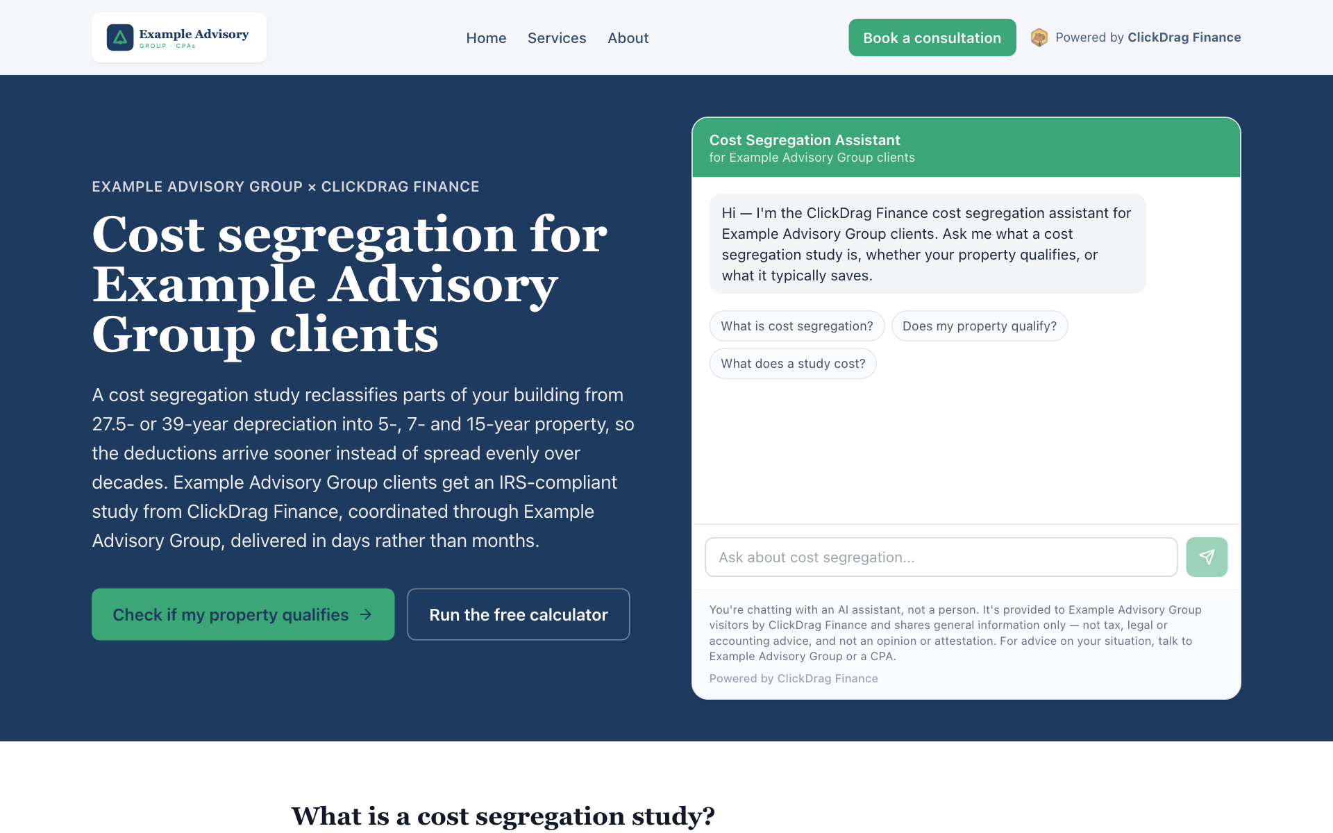 A co-branded partner page for a fictional firm, Example Advisory Group, showing their header, logo and colors with the ClickDrag chat inline