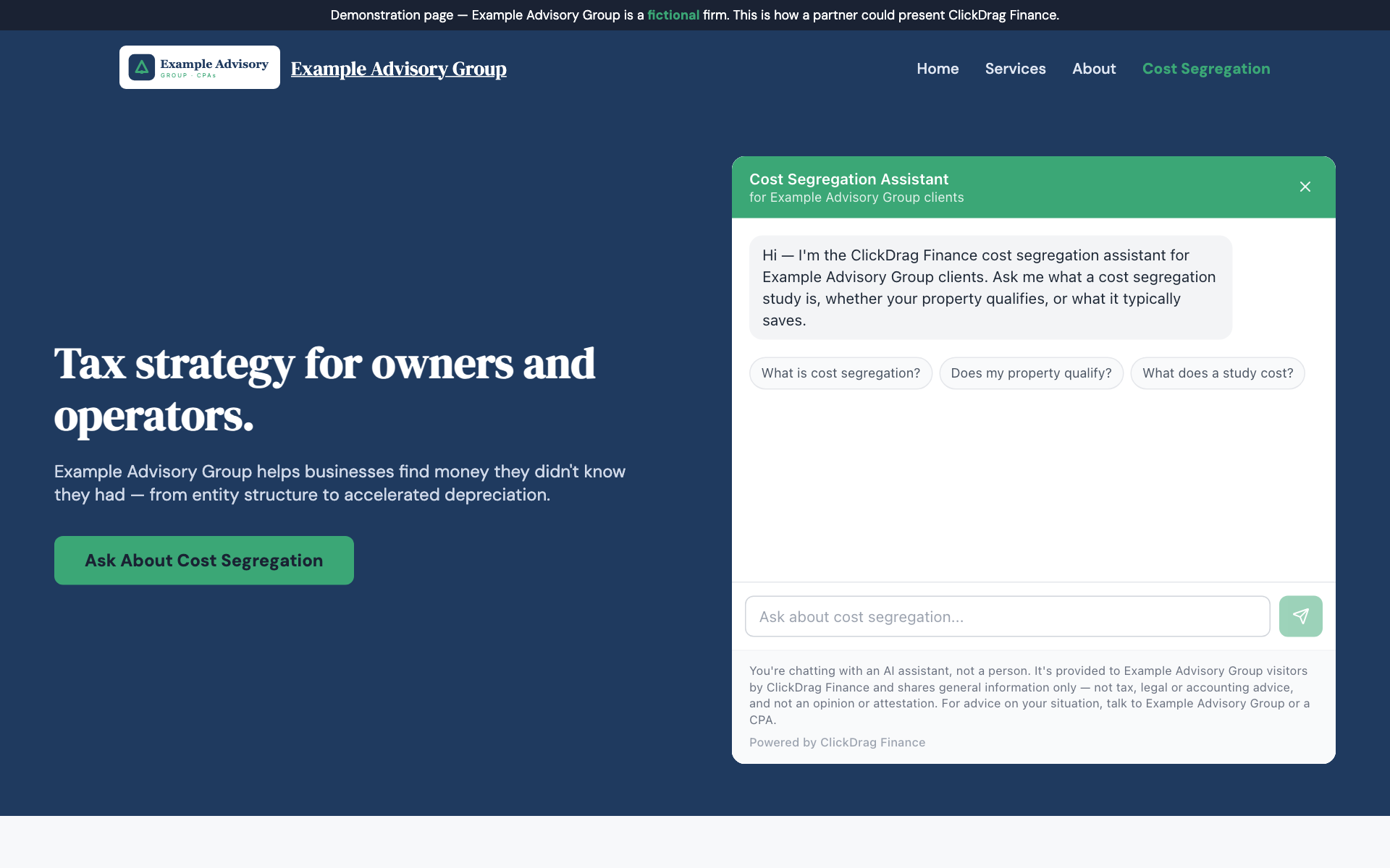 The ClickDrag Finance chat rendered inline, in place, on a demo partner site