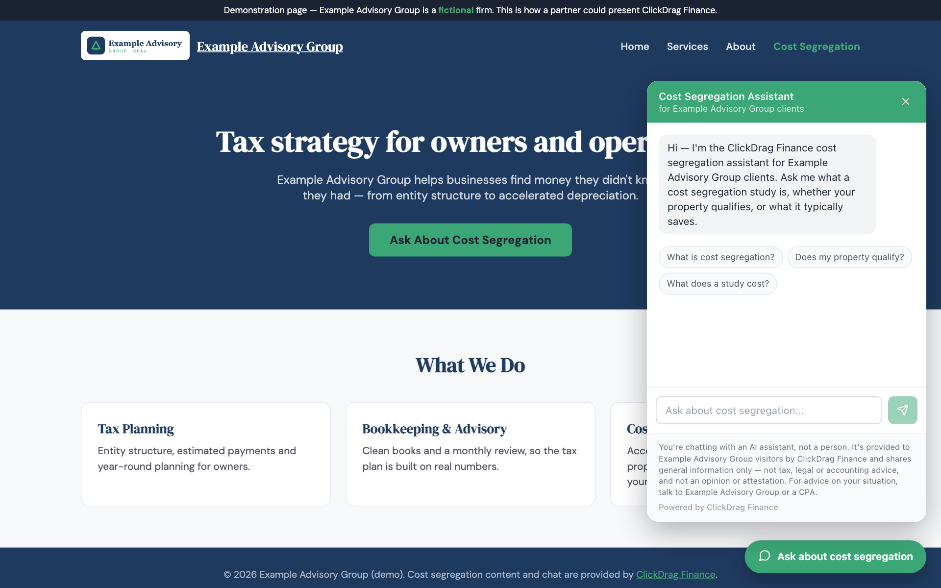 A floating chat launcher button in the bottom-right corner of a website, opening the ClickDrag Finance chat panel
